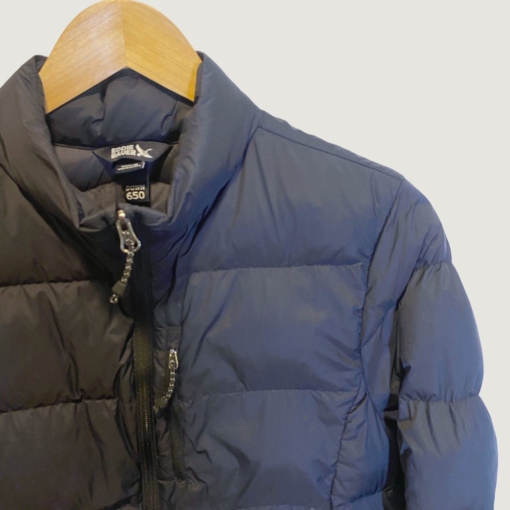Eddie Bauer Puffer Jacket Women M Navy Blue Excellent 650 Down Quilted Full Zip